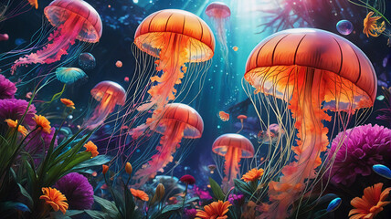 Aufkleber - Vibrant jellyfish float amidst colorful coral and flora in a deep underwater scene illuminated by sun rays filtering from above.