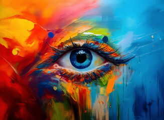 Aufkleber - Vivid abstract eye painting. Bold brushstrokes in red, orange, yellow, blue, and green create a colorful and expressive artwork.