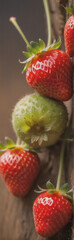 Poster - Fresh strawberries on the stem, showing ripe red and unripe green fruits in a close-up view.