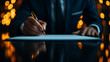 © Premium - businessman signing contract with pen, surrounded by warm bokeh lights, conveying professionalism and commitment