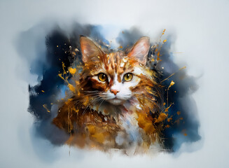 Poster - Artistic portrait of a ginger and white fluffy cat with expressive eyes. The feline is set against a blurred blue backdrop, with golden paint splashes.