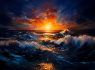 Poster - Dramatic seascape painting depicts powerful waves crashing under a vibrant sunset sky.  The ocean reflects the warm light, creating a contrast with the dark, stormy atmosphere above the horizon.