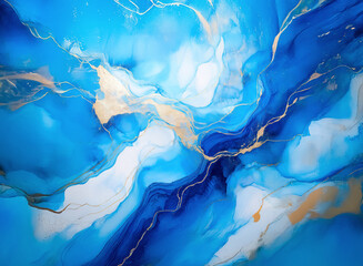 Poster - Abstract artwork with swirling shades of blue, white and gold creating a fluid and marbled texture.  Elegant and modern design with organic lines and shapes.