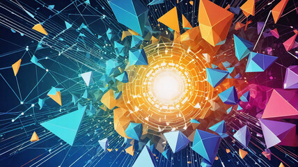 Aufkleber - Vibrant geometric shapes burst from a glowing center with network lines connecting them, creating an abstract and dynamic digital explosion of color and form.