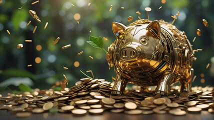 Aufkleber - Golden piggy bank overflowing with golden coins in nature. Wealth and prosperity concept with money falling around, depicting financial growth and savings.