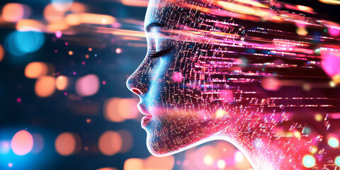 Fototapete - Virtual woman with glowing facial features amidst colorful light trails. Background showcases digital elements with vibrant hues. Concept of technology, innovation, digital art