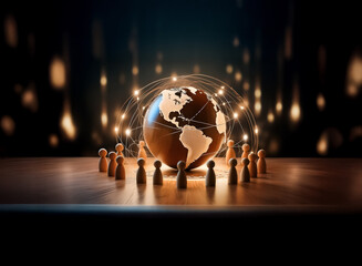 Aufkleber - A wooden globe is encircled by glowing light trails, symbolizing global networks.  Wooden figures stand around, representing a connected worldwide community gathered around the planet.