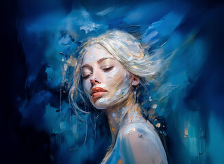 Poster - Serene woman with closed eyes in blue and white paint strokes. Artistic portrait with a dreamy, peaceful mood.