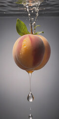 Poster - A fresh peach with a leaf is dropped into clear water, creating a splash and droplets. A single drop hangs from the bottom of the fruit.
