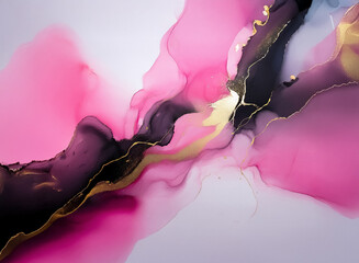 Poster - Abstract artwork featuring swirling pink and black hues with shimmering gold accents.  It evokes a sense of fluidity and luxury in an elegant and modern style.