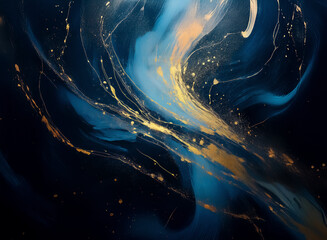 Aufkleber - Abstract painting with swirling brushstrokes of blue and gold. Fluid and dynamic design on a dark backdrop creates a sense of motion and elegance.