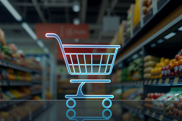 Poster - Glowing shopping cart symbol in a blurred grocery store aisle filled with shelves of colorful fresh produce and supermarket goods. Retail concept.