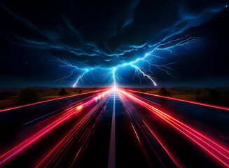 Poster - A night road illuminated by light streaks leads to a horizon under a dramatic sky with flashes of lightning, creating a powerful and dynamic scene.