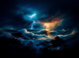 Poster - A dramatic night sea scene shows a powerful storm with lightning striking the dark sky above turbulent waves crashing against rocky shores.