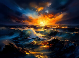 Poster - A turbulent sea under a vibrant sunset sky.  Waves crash and churn, reflecting the fiery light breaking through dark, dramatic clouds over the horizon.