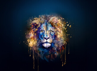 Poster - A colorful lion head with a majestic mane is depicted in a vibrant and artistic style against a dark background, showcasing a watercolor and dripping paint effect.