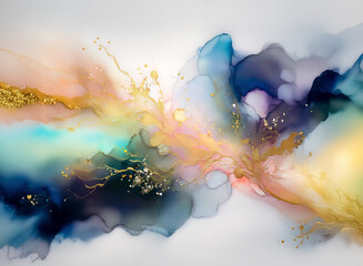 Poster - Abstract fluid art with blue, gold, teal, pink, and yellow colors flowing on a white backdrop. Organic style with glitter specks.
