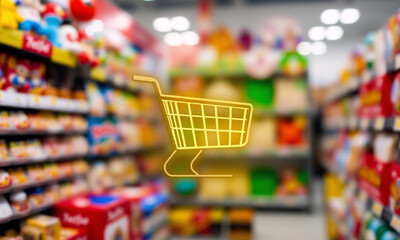 Aufkleber - A luminous shopping cart symbol is positioned in front of a hazy supermarket aisle filled with stocked shelves.  It evokes a sense of modern retail and consumer experience.