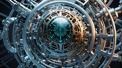 Poster - Intricate metallic sphere with a vibrant glowing core, featuring complex mechanical components and a futuristic aesthetic.