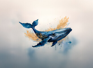 Aufkleber - A large blue whale swims in a serene manner, illustrated with a watercolor painting style and soft flowing colors with artistic splashes around it.