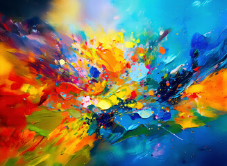 Poster - Vibrant abstract painting showcasing an explosion of colors with dynamic brushstrokes.  A splash of blue, yellow, red, green, and orange creates a colorful artistic expression.