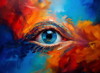 Poster - Abstract eye in vivid paint strokes. A blue iris is the focal point, surrounded by swirls of red, orange, yellow, and blue, creating a modern art piece.