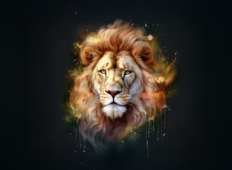 Poster - Majestic lion head portrait with a vibrant splash art style background, highlighting its powerful gaze and mane.