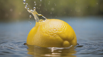 Aufkleber - A yellow lemon is dropped into clear water, creating a dynamic splash and radiating ripples. The fruit is partially submerged, set against a soft, blurred natural backdrop.