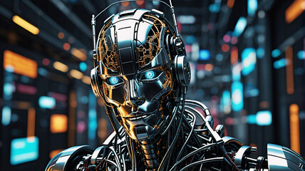Fototapete - A gleaming metallic robot with bright blue eyes stares intently in a tech-filled futuristic setting.  Close-up view of a chrome cyborg head.