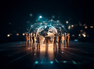 Poster - Figures circle a glowing globe with network lines, symbolizing global connection and communication in a digital world.