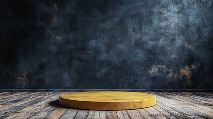 Aufkleber - Dark Rustic Wooden Floor Studio Background Golden Product Display Platform Empty Round Wooden Stage Minimalist Mockup Photography Presentation Scene  