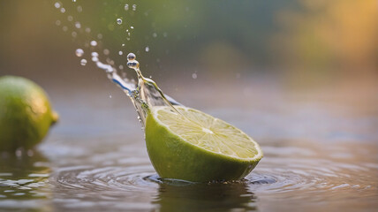 Poster - Lime slice plunges into water creating dynamic splash and ripples. Another whole lime is in soft focus, bathed in warm, natural light.