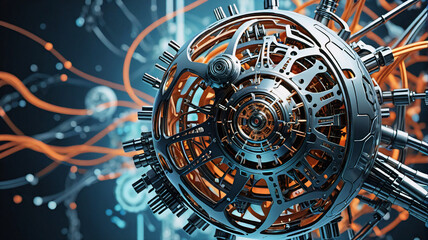 Poster - Intricate metallic sphere with complex mechanical parts and cables. Silver and orange wires are connected to it, set on a dark background with blurred lights.