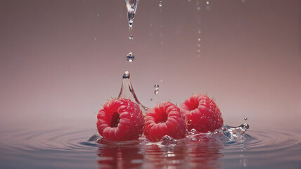 Leinwandbilder - Fresh raspberries are hit by water droplets, creating a splash and ripples on the water surface.  The background is a soft gradient of pink and purple hues.