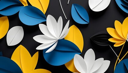 Poster - seamless pattern with yellow flowers | 3D Paper Floral Wall Art – Handmade Geometric Flower & Leaf Sculpture, Modern Botanical Home Decor, Abstract Minimalist Design, Vibrant Blue Yellow White, Unique
