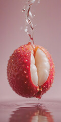 Poster - Juicy lychee, partially peeled, is splashed with water. Droplets and splash effect on a soft pink backdrop.