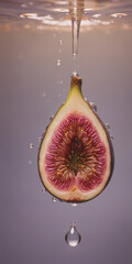 Poster - A halved fig, showcasing its pink flesh and seeds, is suspended in clear liquid. Water droplets are falling onto and around the ripe fruit against a smooth backdrop.