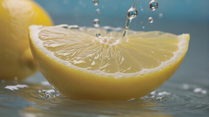 Poster - A vibrant yellow lemon slice is in water, capturing the moment water droplets splash its surface, creating a refreshing, juicy, and bright scene.