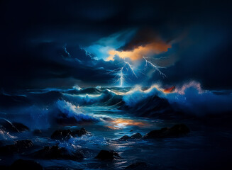 Poster - A dramatic seascape shows a turbulent ocean under a dark, stormy sky. Lightning flashes illuminate crashing waves and rocky shores in a powerful display of nature's force.