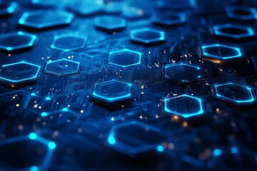 Poster - Abstract Blue Hexagon Technology Background Futuristic Digital Network Circuit Board Design Glowing Lines Modern Elegant Pattern Innovation Science   