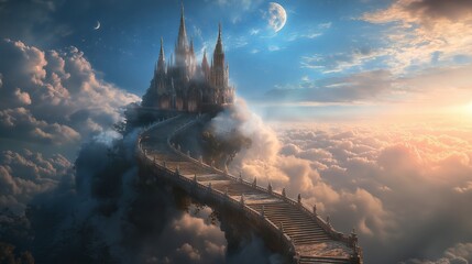 Poster - A celestial palace in the sky with staircases vanishing into the clouds