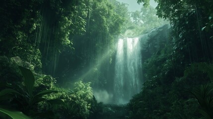Poster - A deep jungle with waterfalls hidden behind lush green vines.