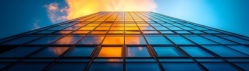Poster - gleaming glass facade of a modern high rise building against a vibrant sunset sky