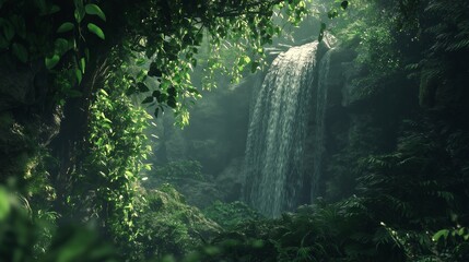 Poster - A deep jungle with waterfalls hidden behind lush green vines.
