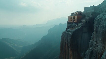 Poster - A distant mountaintop monastery perched on the edge of a cliff. 