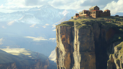 Poster - A distant mountaintop monastery perched on the edge of a cliff. 