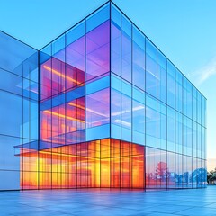 Poster - A modern glass art gallery with angular architecture under a bright blue sky