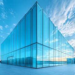 Poster - A sleek modern glass building reflecting the bright blue sky