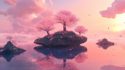Poster - A floating island covered in glowing cherry blossoms under a pink sky
