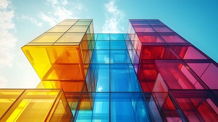 Poster - Vibrant geometric glass structure against a clear sky